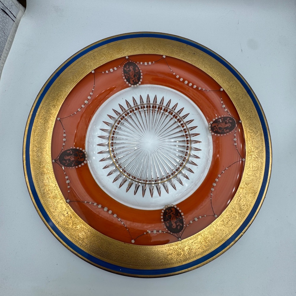 Antique Czech Bohemian Moser Style Hand Enameled Gilt Glass Plate 10.25 in